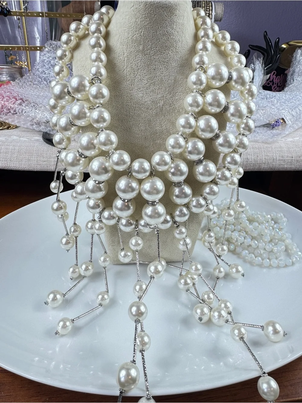 Elegant Pearl Fringe Statement Necklace - White Pearls